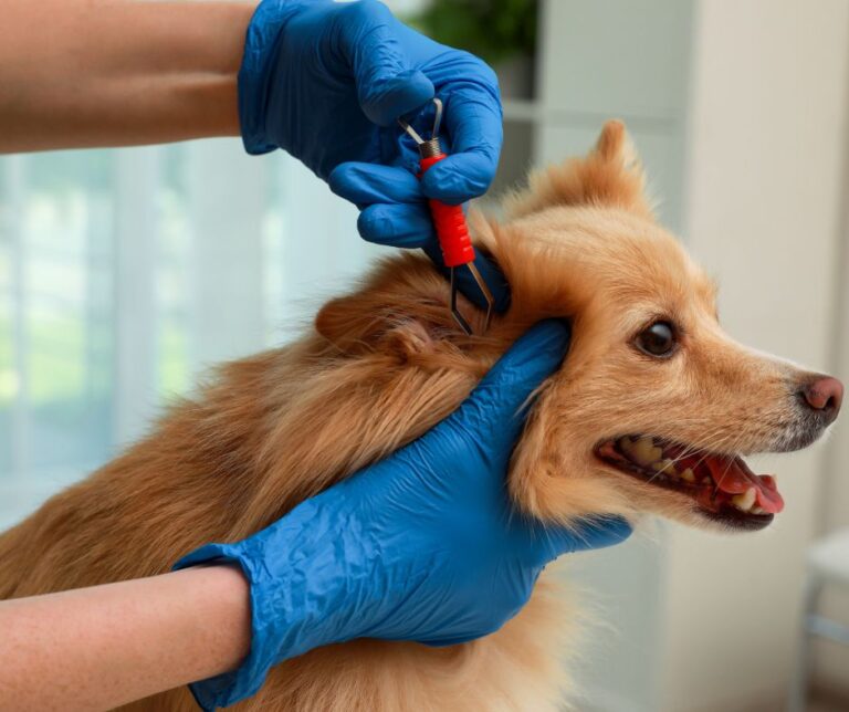 Perro siendo revisado y tratado para eliminar garrapatas en la oreja por un veterinario con guantes, prevención de garrapatas en perros en la Costa Brava